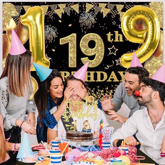 19th Birthday Decorations for Him Her with 19th Birthday Banner, Black and Gold Table Cloth, Number Balloons, Large Sash, Cake Topper and Candles