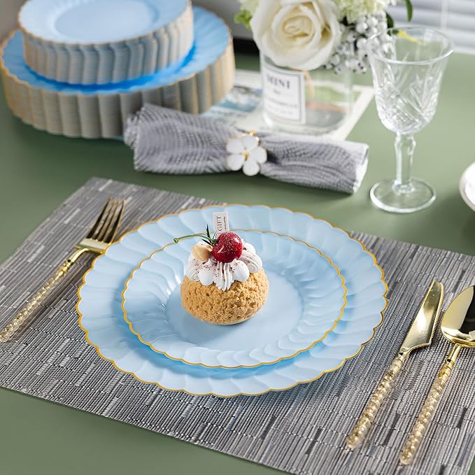 Lullaby 60PCS Light Blue Scalloped Plastic Plates with Gold Rim, Includes 30PCS Dinner Plate 10'' and 30PCS Dessert Plate 7.5'', Baby Blue Plastic Plates for Party, Wedding and Daily Use