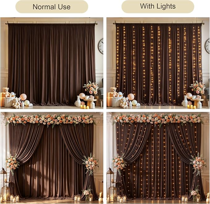Brown Backdrop Curtains with Lights for Parties,20x10FT Wrinkle Free Wedding Photo Backdrop Curatin Drapes Fabric for Baby Shower Birthday Ceremony Reception Home Party Decorations