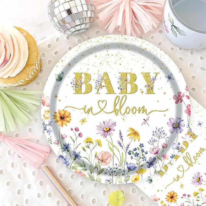 Wildflower Baby shower Plates and Napkins Party Supplies - 175PCS Spring Floral Baby in Bloom Paper Plates BabyShower Birthday Decorations Disposable Tableware Sets for Spring Summer, Serve 25 Guests