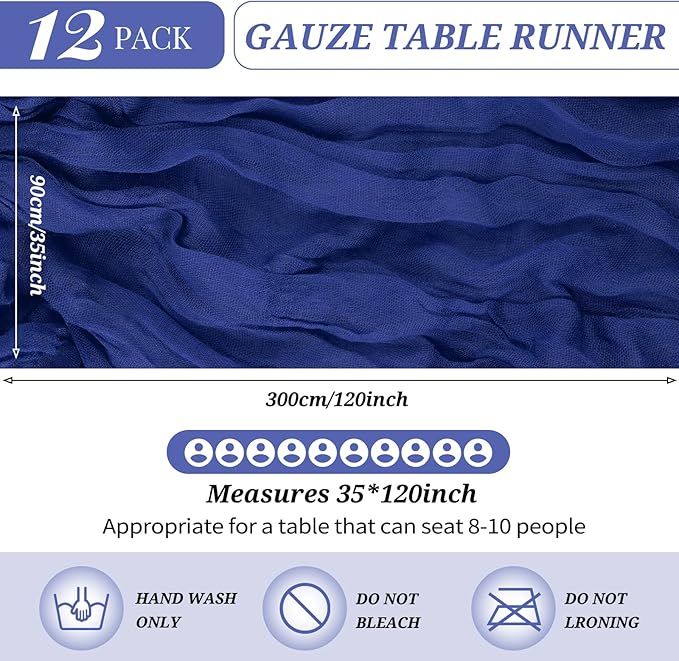 12 Pack Cheesecloth Table Runner 35 x 120 inch Long Boho Cheese Cloth Gauze Table Runners Semi Sheer Table Runner for Wedding Decor, Bridal Shower, Birthday Party (Royal Blue)