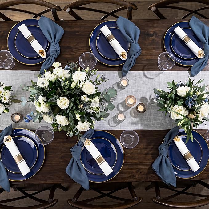 KIRE 175Pcs Blue Plastic Plates - Navy Blue Plates Disposable - 25 for Dinner 25 for Dessert 25 Pre Rolled Napkins with Gold Plastic Silverware and 25 Cups for Birthday/Wedding/Passover/Graduation