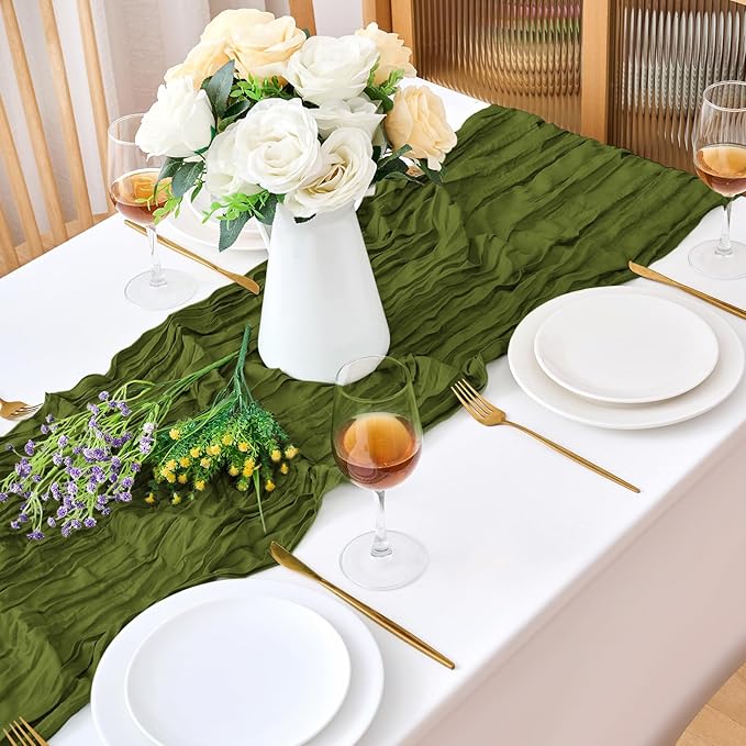 18 Pack Olive Green Cheesecloth Table Runner 21.5x120 Inch,Semi Sheer Boho Gauze Cheese Cloth Fabric Table Runners 10 FT Long for Wedding Party Baby Shower Birthday Home Decor