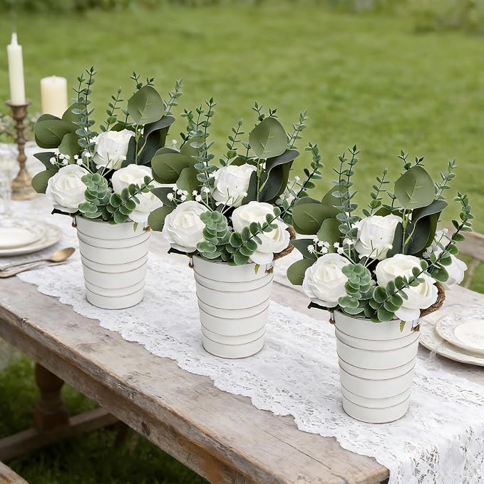 6 PCS Large Wedding Flower Table Centerpieces - 10 Inches Artificial Floral Arrangement with Rustic Tall Metal Vase for Wedding Birthday Party Bridal Baby Shower Event Decorations - White