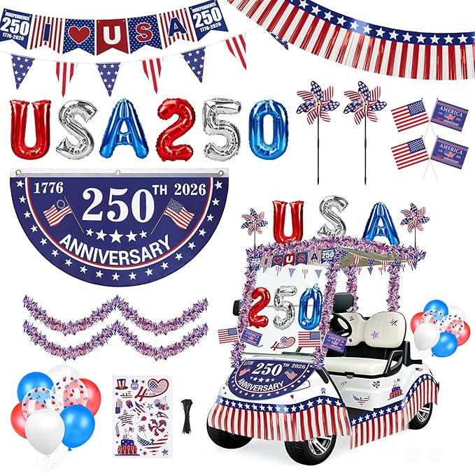 Tryly 4th of July Golf Cart Decorations Kit, 250th Patriotic Parade Golf Cart Decor – 250th Banner, Fan Flags, Foil Fringe Garland, Pinwheels and More with 1776-2026 for Independence Day Memorial Day