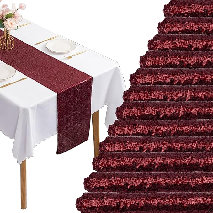 12 Packs Sequin Table Runner Glitter Dining Table Runner for Birthday Wedding Engagement Bridal Baby Shower Bachelorette Holiday Celebration Party Supplies Decorations (12" x 72", Burgundy)