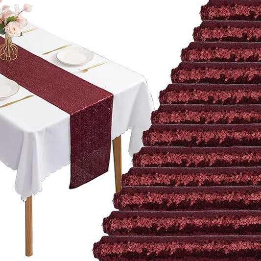 12 Packs Sequin Table Runner Glitter Dining Table Runner for Birthday Wedding Engagement Bridal Baby Shower Bachelorette Holiday Celebration Party Supplies Decorations (12" x 108", Burgundy)