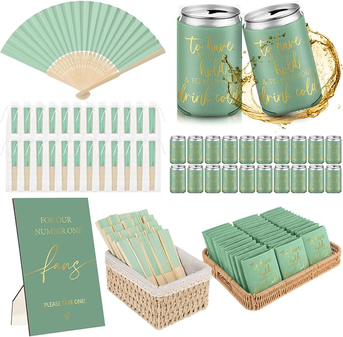 Hoteam 25 Sets Wedding Party Favors for Guests Bulk Including Can Cooler and Paper Folding Fans with Wedding Decor Table Sign Cheers to Love for Bridal Shower Party Souvenir(Classical,Green)