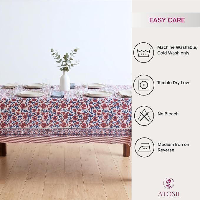 ATOSII Nora 100% Cotton Rectangle Spring Summer Tablecloth, Handblock Floral Print Linen Table Cloth for Kitchen Dining I Parties, Weddings, Outdoors, Easter Decor 60 X 108 Inches, 8 Seater
