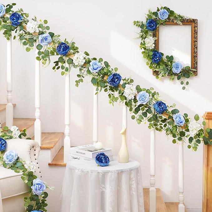 Livole 2Pcs 12 Ft Artificial Flower Garland Fake Blue Rose Peony Floral Garland with Eucalyptus Flower Hanging Vine for Wedding Arch Table Centerpieces Backdrop Party Home Decorations