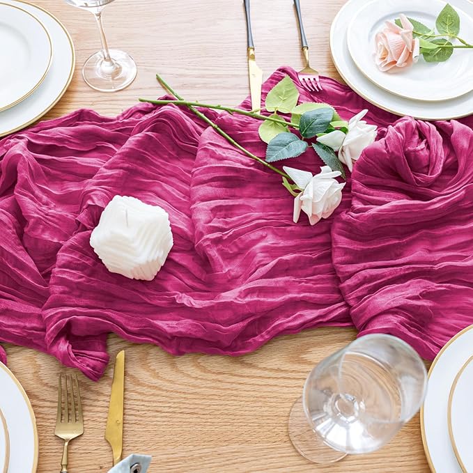 Wokceer Cheesecloth Table Runner 12Pack 10FT Fuchsia Boho Gauze Cheese Cloth Table Runner for Party Long Rustic Sheer Table Runners for Baby Bridal Shower Wedding Easter Table Decor