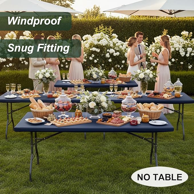 LUSHVIDA 6 Packs Vinyl Tablecloths with Flannel Backing for 6ft Rectangle Folding Table Cloths - Waterproof Plastic Picnic Table Covers with Elastic Corners, 30x72 inch, Navy Blue