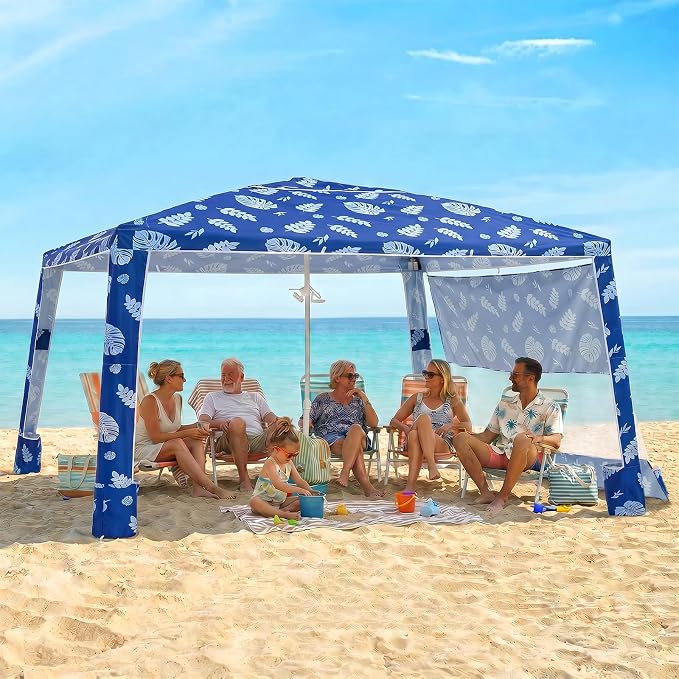 Zeraty Beach Cabana 8'×8', Portable Beach Canopy with Side Wall, UPF 50+ Silver-Coated Beach Tent Sun Shelter Easy Pop Up, Wind Resistant Adjustable Height Beach Umbrella Tent for Family, Coastal