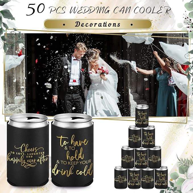 Qinyoung 50 Pieces Black Wedding Can Cooler Sleeves Bulk Engagement Party Favors for Guests Cheers to Love Laughter Happily Ever After Rehearsal Dinner Decorations for Wedding Bridal Party