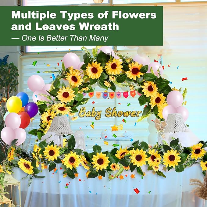 Naidiler Vibrant Full Sunflower Garland for Decoration, 6.2Ft Pretty Sunflower Vine for Wedding Baby Shower Boho Birthday Party Table Room Backdrop Décor