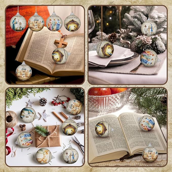 Outus 24 Pcs Nativity Scene Christmas Tree Ornaments Ball Christmas Jesus Decorations for Tree Vintage Christian Religious Hanging Ornaments The Birth of Jesus Decor Religious Gifts for Christian
