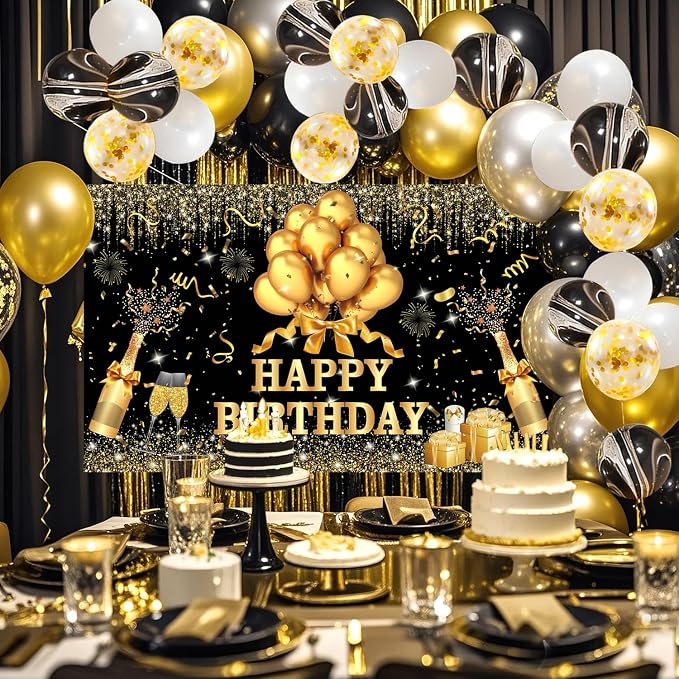 63 PCS Black Golden Birthday Party Balloons Decoration for Man Women | with Photo Backgrounds Backdrops Colth, Confetti Balloons, Happy Birthday Sign Banner Cloth