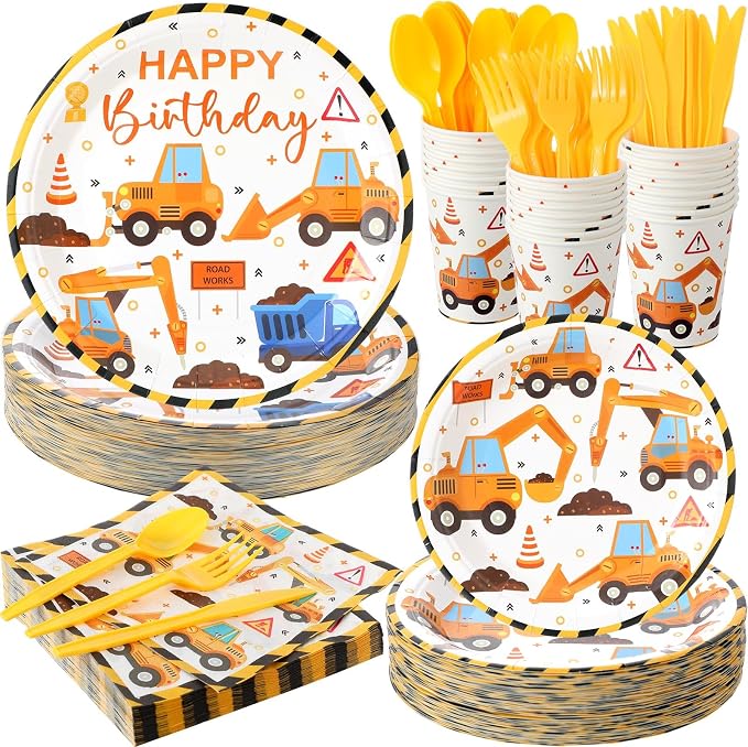 Uiifan 350 Pcs Construction Party Supplies Set Include 100 Plates 50 Paper Cups 50 Napkins 150 Plastic Silverware For 50 Guests Birthday Party Decorations Disposable Dinnerware Set (Dark Yellow)