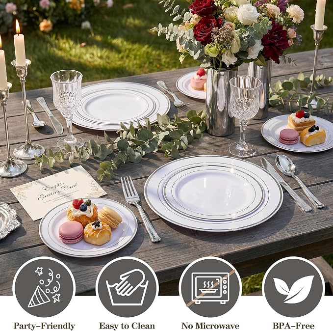I00000 100pcs Silver Plastic Plates, Disposable Plastic Party Plates with White Silver Rim Fancy Wedding Party Plates Include 50 Dinner Plates 10.25" and 50 Dessert Appetizer Plates 7.5"