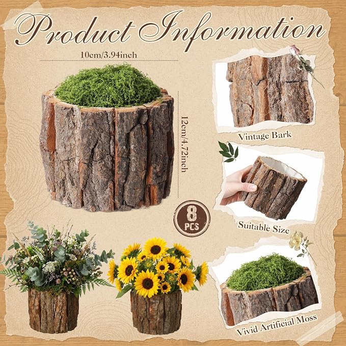 8 Set Wooden Vase for Centerpieces Wedding Flower Table Centerpieces Decor Rustic Bark Stump Bucket Farmhouse Wood Planter Pot for Woodland Party Window Home (Fake Green Moss,Large)