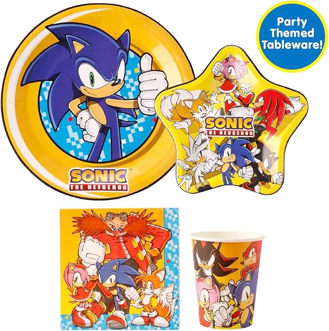 Sonic The Hedgehog Birthday Party Kit - Complete Supplies for 10, Video Game Themed Decorations, Licensed Banner, Plates, Cups, Balloons, Games, and Favors for Kids' Celebration