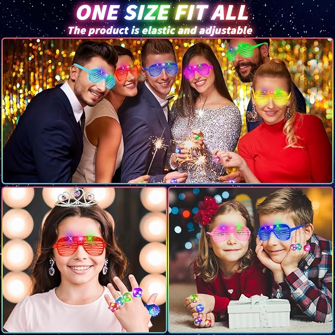 100 Pcs LED Light Up Party Favors Bulk Glow in the Dark Glasses Rings 10 Color LED Glow Glasses Neon Sunglasses 6 Style Finger Lights Flashing Ring for Birthday Wedding Neon Party Decor