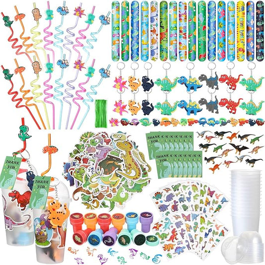 Qilery 267 Pcs Dinosaur Party Favors Bags Birthday Includes Plastic Cup with Lid Straw Keychain Bracelet Ring Stamper Stickers Tag for Party Favors Piñata Filling