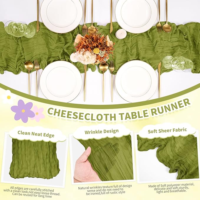 6 Pack Olive Green Cheesecloth Table Runner,Long Romantic Semi Sheer Rustic Boho Gauze Table Runners for Wedding Bridal Shower Birthday Party Decorations(17.7×108 Inch)