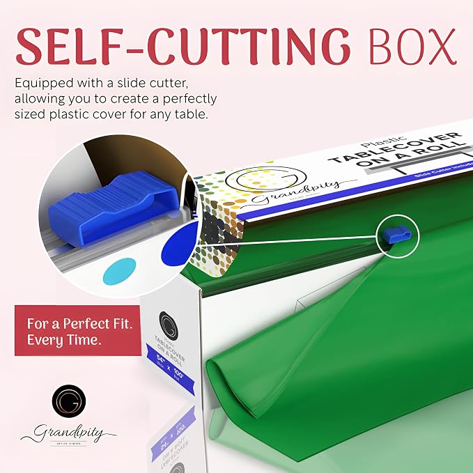 Grandipity Plastic Tablecloth Roll - 54in x 100 Ft. Green Plastic Table Cloths for Parties Disposable with Cutter Box - Cut to Size Disposable Tablecloth Table Cover for Rectangle & Round