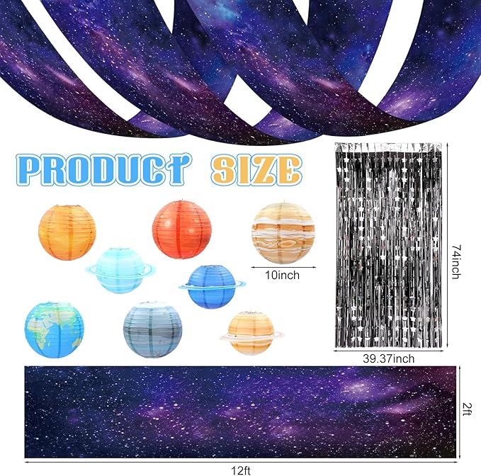 Tingjoo 13 Pcs Space Galaxy Ceiling Decorations for 2026 Vbs Space Themed Classroom Decor 12 x 2 ft Hanging Backdrop, 8 Solar System Lanterns & Star Foil Fringe Curtains Ornament for Party Decorations
