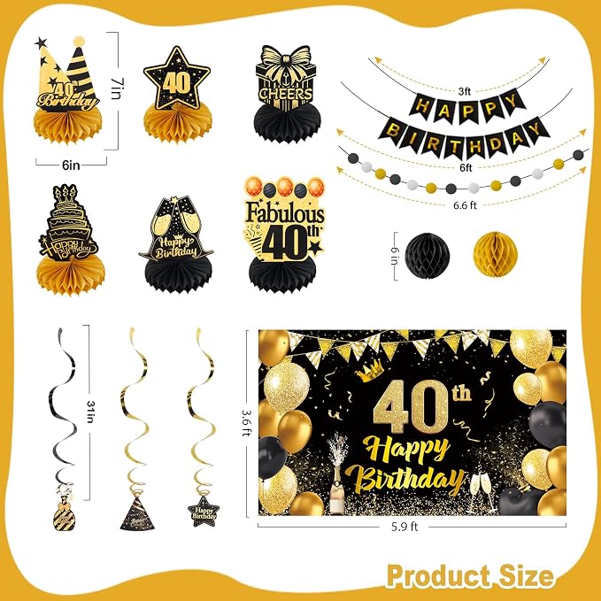 Happy 40th Birthday Party Decoration: Including Birthday Banner Backdrop, Party Table Centerpieces and Hanging Swirl Party Streamers, Birthday Decor for Men and Women (Gold/Black, 40th Birthday)