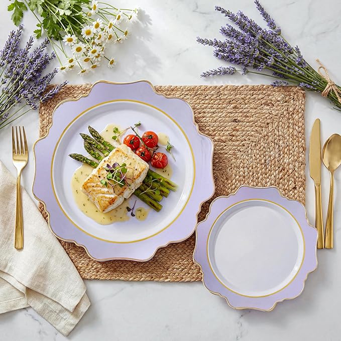 WDF 100PCS Purple Disposable Plates - Lavender Plates - Heavy Duty Scalloped Purple Plastic Plate for Party/Wedding/Birthday/Spring