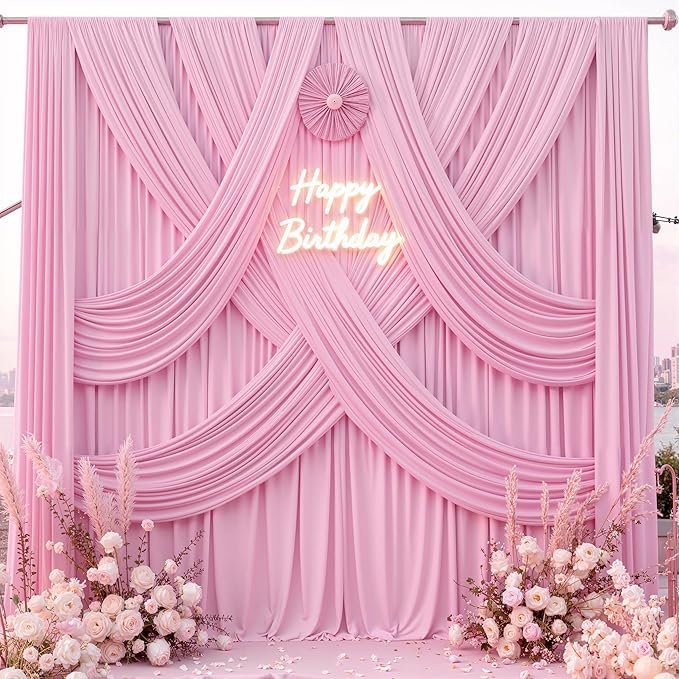 20 ft x 10 ft Wrinkle Free Baby Pink Backdrop Curtain for Parties, 4 Panels 5ftx10ft Polyester Photo Backdrop Drapes for Baby Shower Birthday Party Photography Wedding Backdrop Stand