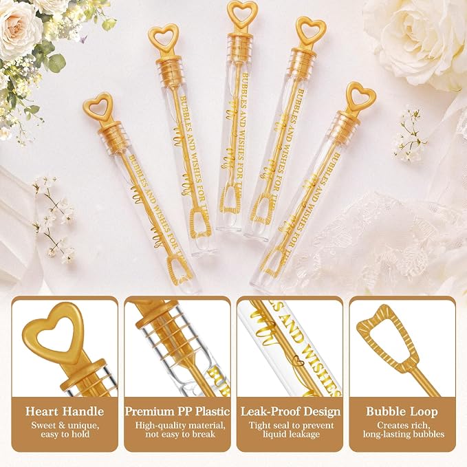 Hollowfly 60 Pack Gold Heart Wedding Mini Bubble Wands for a Wedding Bulk Bubble for Guests Send Off Wand Adults Bridal Exit Shower Party Supplies Valentine Anniversaries Celebration