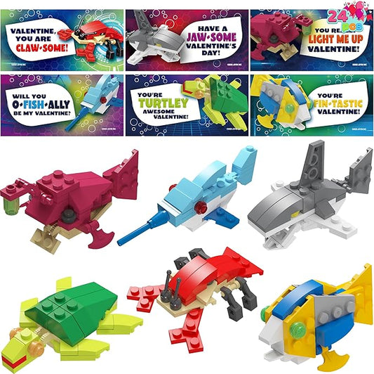 JOYIN 24 Packs Valentines Day Cards with Sea Animal Building Blocks for Gifts Party Favor, Classroom Exchange Prize, Valentine’s Greeting Cards