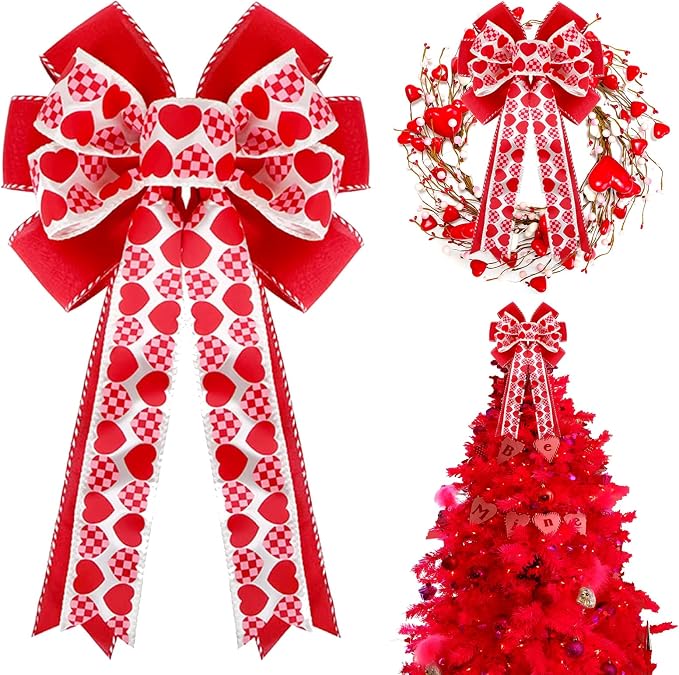 Valentines Day Tree Decorations, Valentine Tree Topper Bow with Red and Pink Heart for Valentines Day Wreath Wedding Holiday Party Wall Home Front Door Outdoor Decor