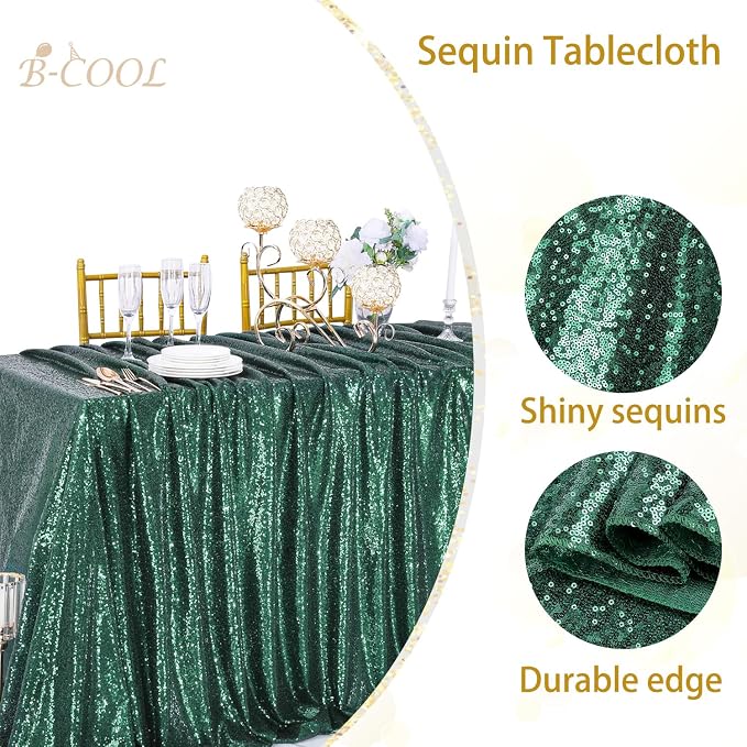 B-COOL Sequin Tablecloth Sparkle Wedding Tablecloths for Round Table Emerald Green Sequence Table Skirts Cloths Christmas St. Patrick's Day Parties 90x132 Inch