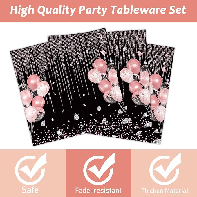 Chiazllta 96 Pcs Black & Rose Gold Party Paper Plate and Napkins - Pink Rose Gold Birthday Party Table Decoration Supplies - Pink Glitter Paper Plate Napkin Fork for 24 Guests