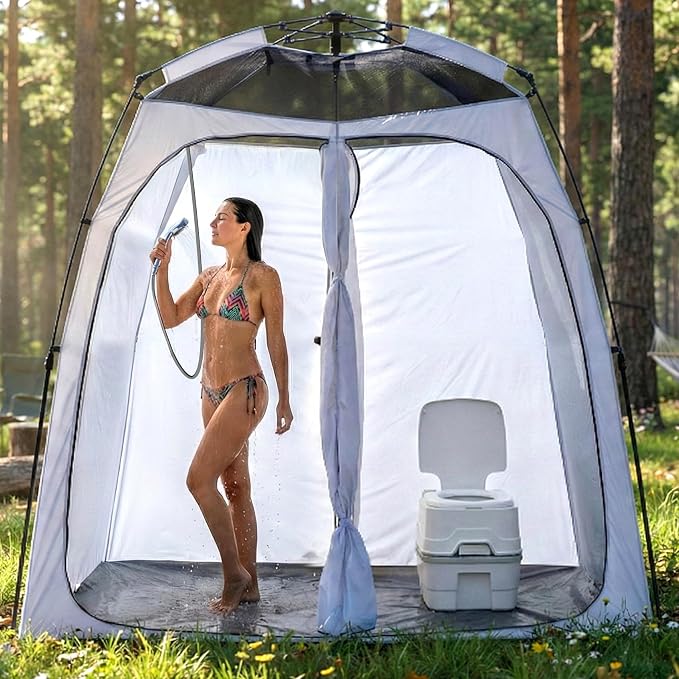 EighteenTek® Upgraded Shower Tents with Hub, Pop Up Privacy Tent Camping 2-Room Privacy Shelter with Floor & Dual Doors, Portable Easy-Setup Toilet & Changing Tent, 83" x 47" x 77.6"H