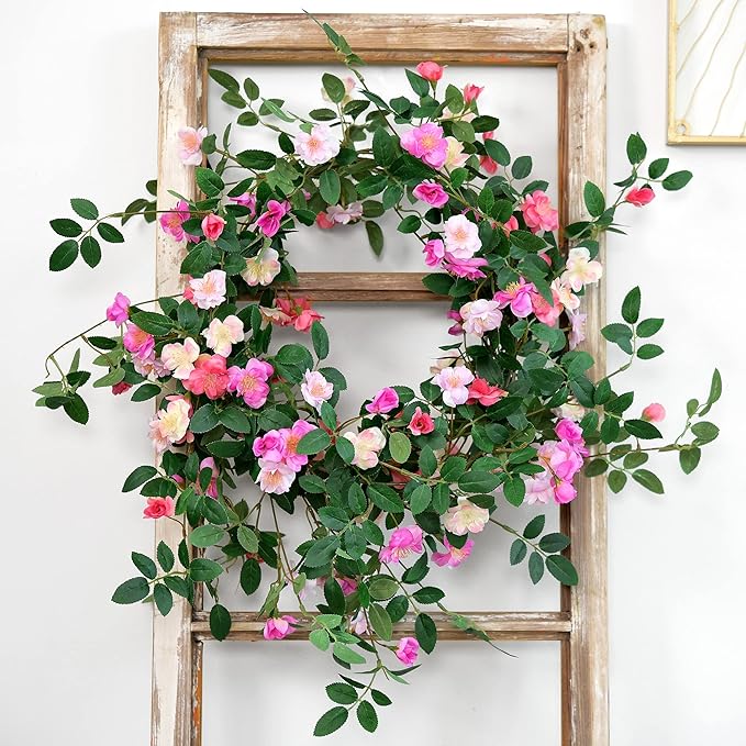 FiveSeasonStuff Fuchsia Pink Wild Rose Vine Garland, Two Faux Silk Floral Garlands with Greenery, Bendable Decorative Vines 12 ft Total