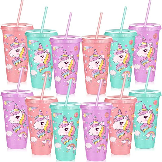 Uiifan 12 Pcs Unicorn Cups Party Favors Goodie Cups Unicorn Birthday Decorations 24 oz Plastic Reusable Tumbler with Lid and Straw Birthday Party Favors Supplies for Girls Boys