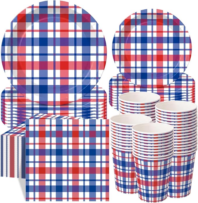Pickmesh 250 Pcs Red White Blue Paper Plates and Napkins Set, 4th of July Patriotic Plaid Party Supplies Serves 50, 9" & 7" Plates with 9oz Cups and 6.5" Napkins for 250th Veterans Day Summer Party