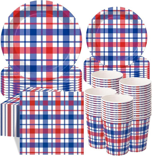 Pickmesh 250 Pcs Red White Blue Paper Plates and Napkins Set, 4th of July Patriotic Plaid Party Supplies Serves 50, 9" & 7" Plates with 9oz Cups and 6.5" Napkins for 250th Veterans Day Summer Party
