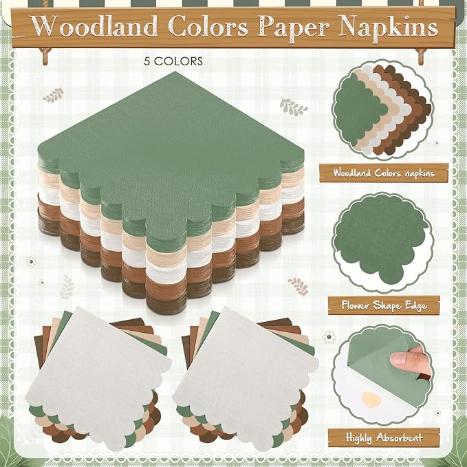 Zhehao 350 Pcs Woodland Party Supplies Set Green and Brown Disposable Tableware Kit with Plates, Cups, Napkins, Cutlery in Natural Earth Tones for Baby Shower, Birthday, Wedding Forest Events