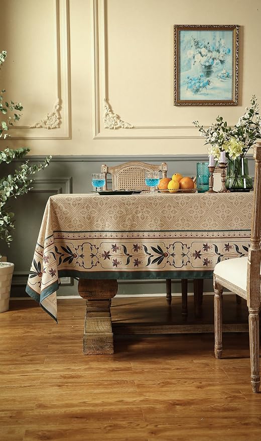patdrea Designer French Linen Tablecloth,Rectangular,87"x55"-Fram | Elegant Durable Table Cloth for Rectangle Table,Vintage Block Print,for Dining Room Tea Party Thanksgiving,Beige