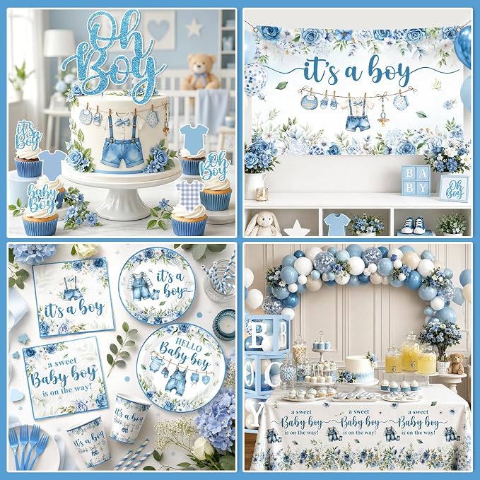 Baby Boy Shower Decorations, All-in-One Set with Boy Baby Shower Plates and Napkins, Balloon Arch, Cake Topper, Balloon Box, Banner, Tablecloth, Baby Shower Decorations Boy Serves 24