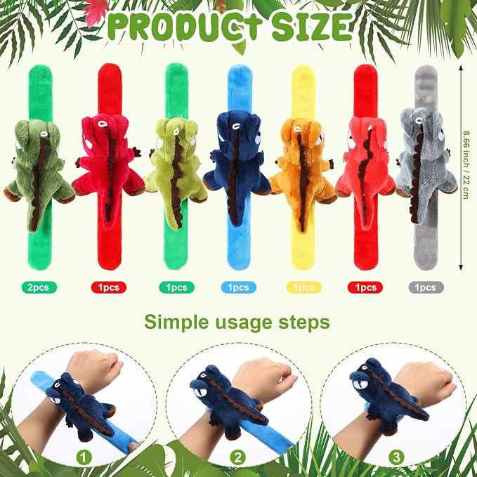 Lenwen 8 Pcs Dinosaur Stuffed Animals Slap Bracelets for Kids 8.66 Inch Back to School Plush Animal Bracelets Wrist Slap Snap Band Toy Adopt a Dinosaur Party Favors for Boys Girls Birthday Gifts