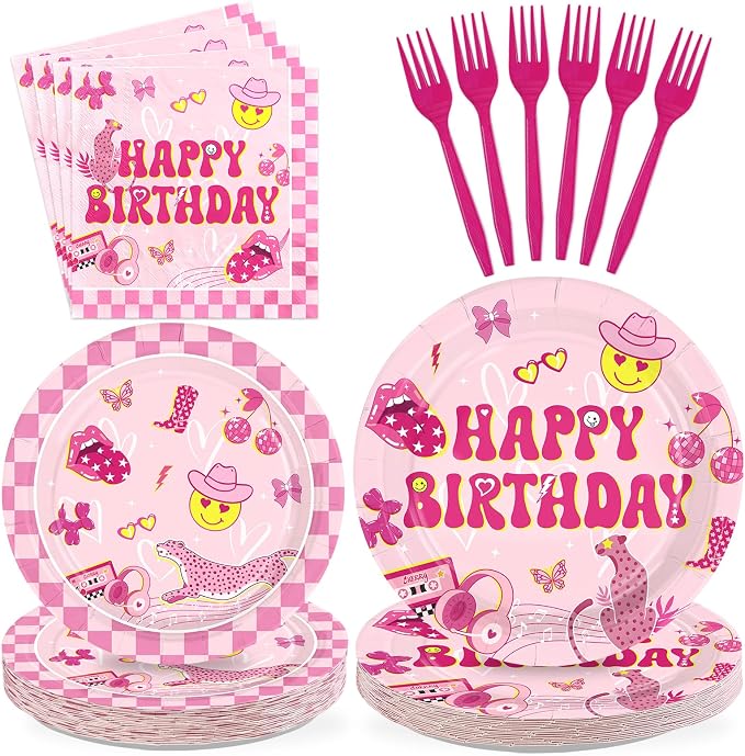96Pcs Pink Checkered Preppy Graduation Decoration Pink Smiley Face Preppy Plates and Napkins Smile Face Y2k Tableware Set for Girls Graduation Birthday School Party Supplies Serves 24