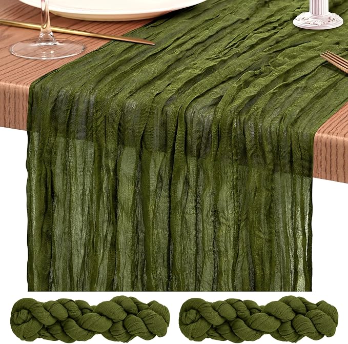 2 Pack Cheesecloth Table Runner 10FT Olive Green Table Runner Boho Gauze Cheese Cloth Table Runners Long Rustic Sheer Table Decorations for Wedding Party Baby Bridal Shower Birthday Holiday Home