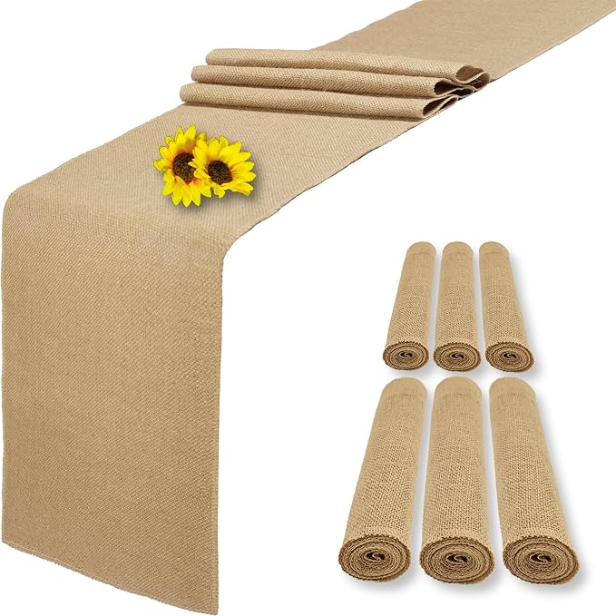6 Pack 14 x 108 Inch Natural Burlap Table Runners,Rustic Jute Table Runner and Placemats Bulk for Western Wedding Table Decorations,Farmhouse Style Party,Holiday,Kitchen Coffee Table Decor Cover